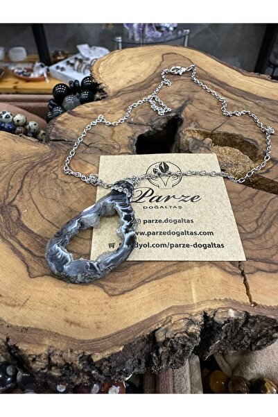 parze doğaltaş Chalcedony Necklace with Marcasite Stone Inlay