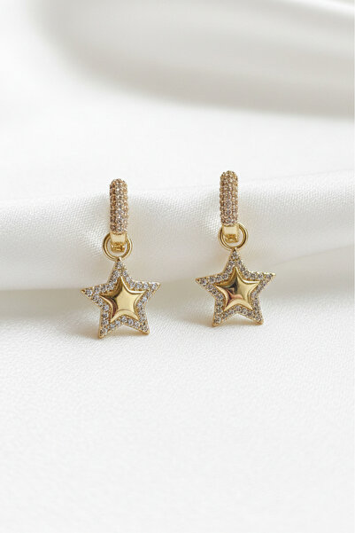 özgül takı ve tasarım Yıldız Model Zirkon Taşlı Paslanmaz Çelik Gold Renk Kad...