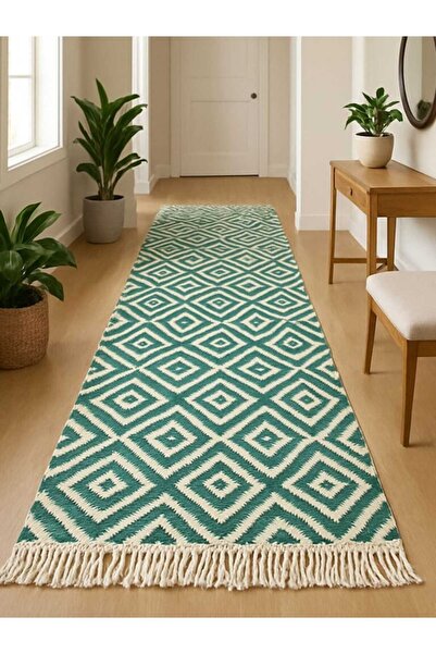 OEM Traditional Carpet, size 80 x 300 cm Green and Cream, Geometric model