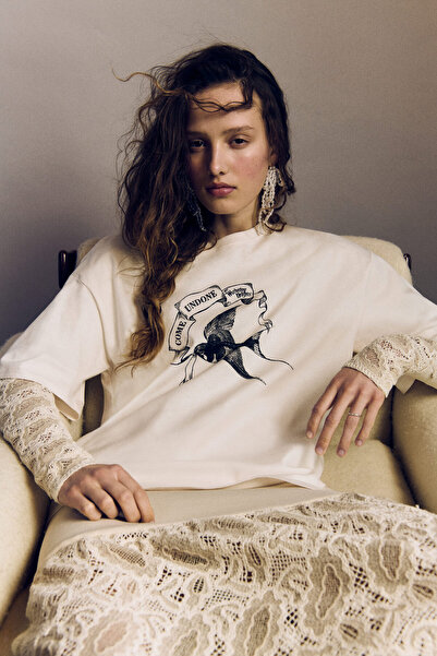 H&M Baskılı Oversize Tişört