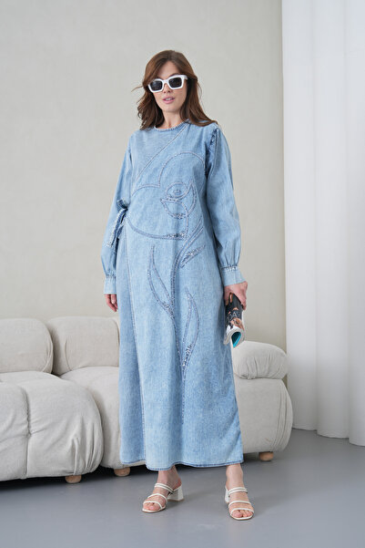 Miss Allos Women's Front Sequin Embroidered Side Tie Wide Fit Long Denim Dress