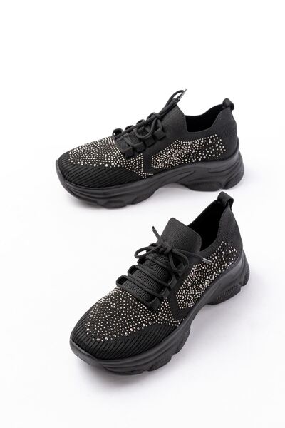 Zerenyus Exi̇n-3002 Premium Black Lace-Up Mesh Sneaker with Stone Accessories
