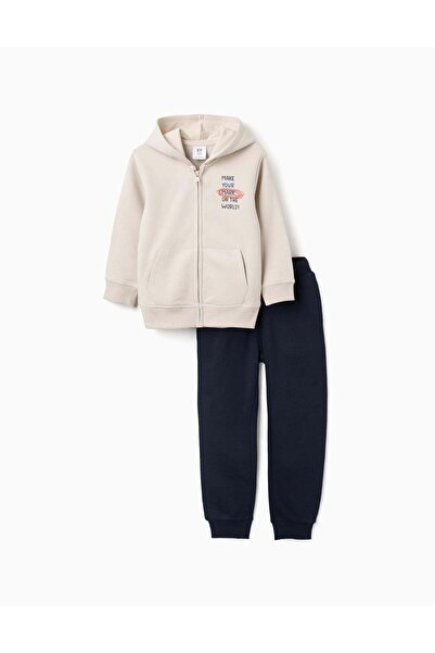 Ziddy طقم جاكيت بغطاء رأس وبنطال رياضي للأولاد، بيج/أزرق داكن
