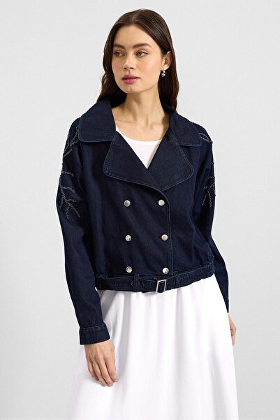 Olcay Linerless Denim Jacket with Bead Embroidery on the Sleeve Navy Blue 8283