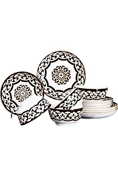 Generic 12-Piece Black and White Pattern Ceramic Dinnerware Set