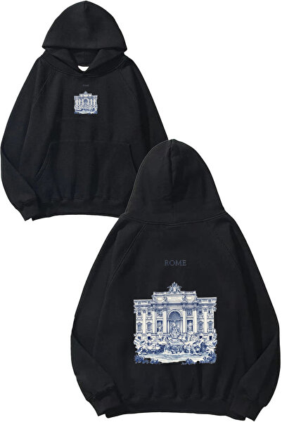 urbvn سويت شيرت بقلنسوة أسود كبير الحجم مطبوع بتصميم روما 2