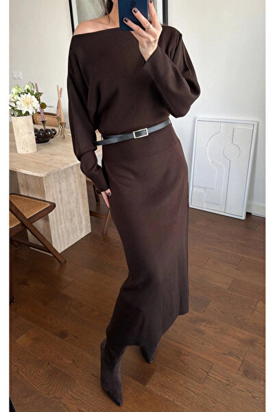 Hotfashion Belted Detail Bat Sleeve Knitted Women's Dress Brown