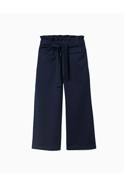 Ziddy Wide Leg Trousers with Integrated Belt for Girls, Dark Blue