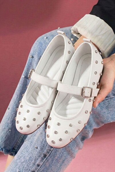 FUGA MODA Ασημί Λευκό Δερμάτινο Παπούτσι Μπαλαρίνας Premium με Κρυστάλλινα Στ...