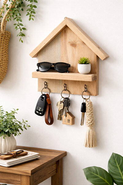 ATAY Home Ahşap Ev Tasarımlı Duvar Tipi Kapı Anahtarlığı