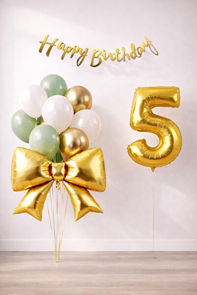 Patladı Gitti Gold Bow 5 Year Old Birthday Balloon Set