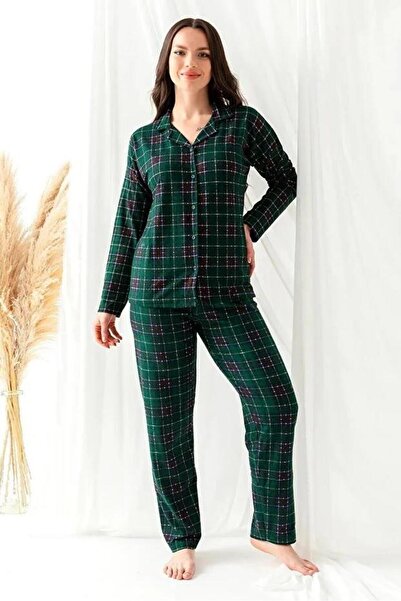Sinem Çeyiz Arcan 20601-5 Green Plaid Suede Button-Down Oversized Shirt Pajam...
