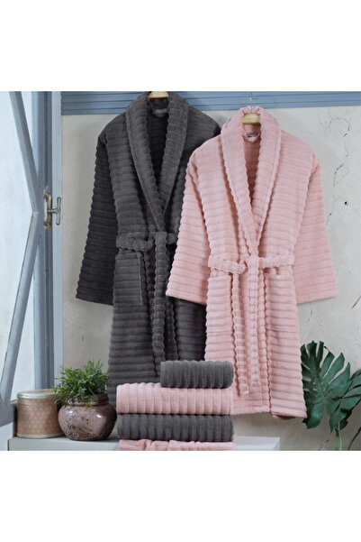 Hobby ÖZLÜ HOME VEDRA BORNOZ SETİ PUDRA-K.GRİ -8 PARÇA