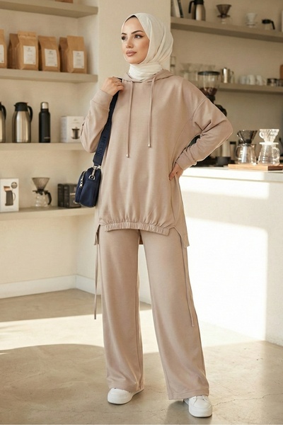 Bestenur Kapüşonlu Tunik Pantolon Takım 1682 - Vizon