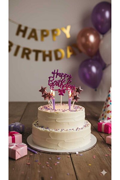 MİSLİNA PARTİ Pasta Üstü Çubuklu Happy Birthday Mor Yıldız Kürdanlı