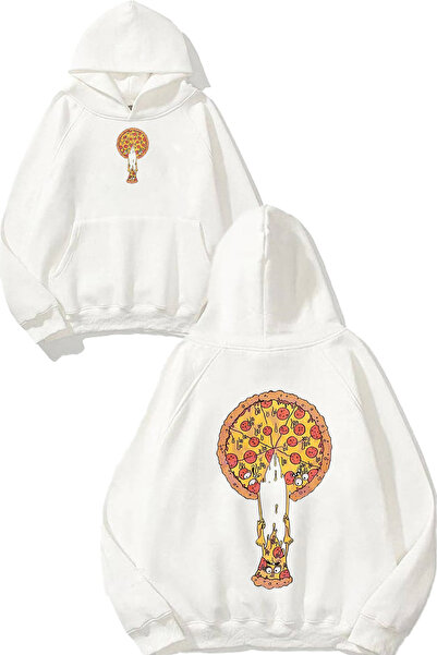 urbvn سويت شيرت أبيض كبير الحجم بقلنسوة مطبوع عليه تصميم شريحة بيتزا