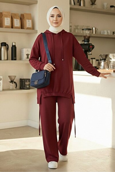 Bestenur Hooded Tunic Pants Set 1682 - Burgundy
