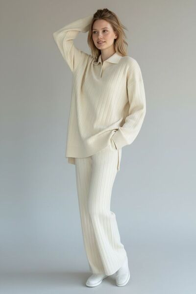 WYNA BOUTİQUE Women's Ecru Piping Sleeve Polo Neck Ribbed Knitwear Set
