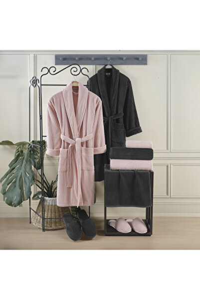Hobby ÖZLÜ HOME LUSSA BORNOZ SETİ PUDRA-ANTRASİT -10 PARÇA