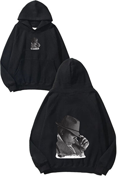 urbvn Man with Hat Design Printed Oversize Black Hooded Sweatshirt