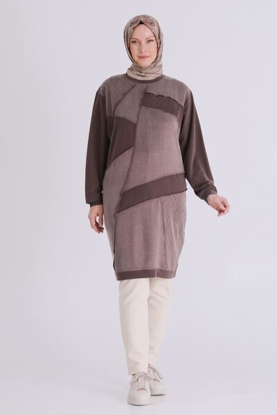 behrem Plus Size Crew Neck Patchwork Detailed Hijab Tunic 20137