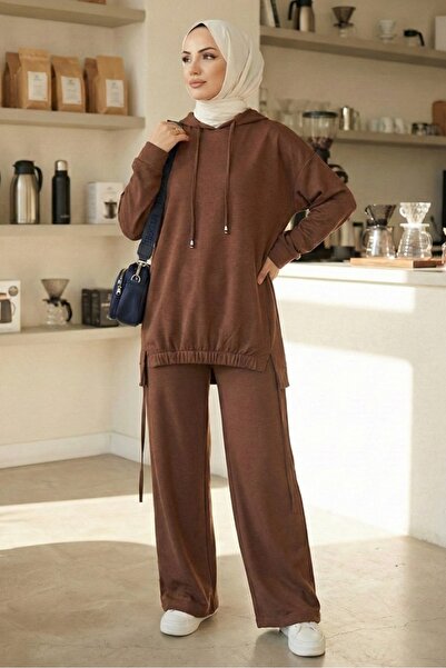 Bestenur Hooded Tunic Pants Set 1682 - Brown
