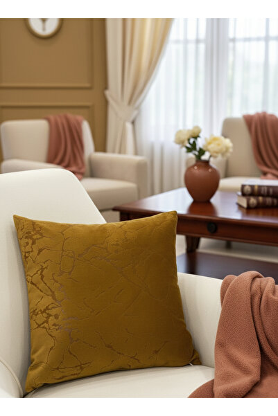 Brillant 2'li Kadife Kırlent Yastık Kılıfı Koyu Hardal-Kahve Varaklı (45X45)