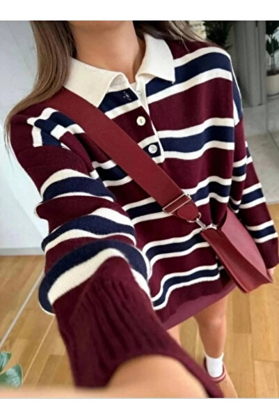 bysoca Women's Burgundy Striped Polo Collar Buttoned Long Sleeve Oversize Sof...