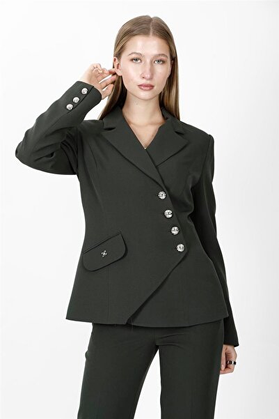 ÖNDER ÖZSOY Men's Collared Asymmetrical Double-Breasted Women's Jacket-Khaki