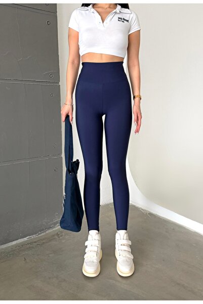 shaban Women's Navy Blue Color High Waist Gathering Flexible Tights