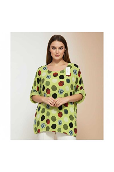 ihaoo WOMEN'S GREEN BLOUSE WITH POLKA DOT COTTON AND LINEN