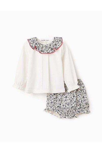 Ziddy Blouse + Shorts Floral for Baby Girls, White/Navy Blue