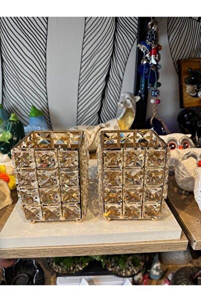 Atak Hediyelik Dekoratif Kristal taşlı 2’li kare mumluk gold