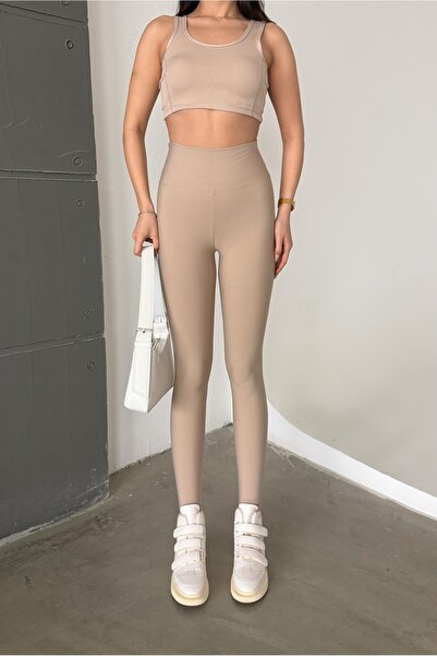 shaban Women's Beige Color High Waist Slimming Flexible Tights