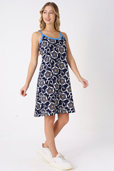 İntensive Patterned Navy Blue 100% Cotton Women's Strap Dress