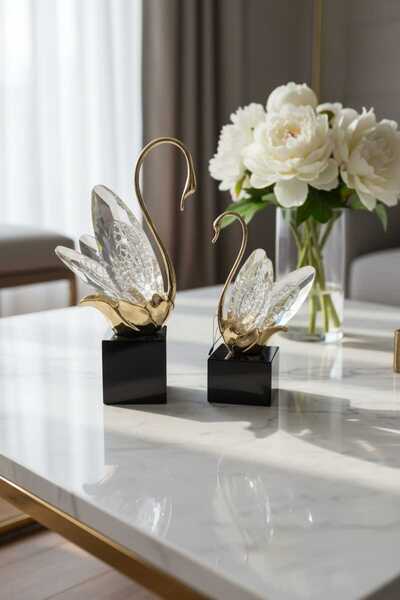 Furkan DEKORATİF AYAKLI KRİSTAL CAM 2Lİ KUĞU SETİ GOLD