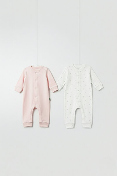 LOGO AKSESUAR Baby Girl Powder Ecru Floral Printed 2-Piece 100% Cotton Jumpsu...