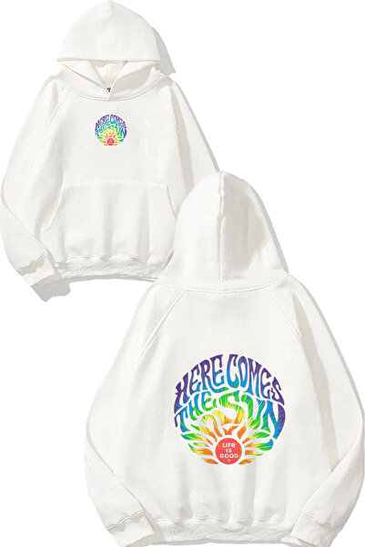 urbvn تصميم الحياة هي جيدة مطبوع قصة فضفاضة سويت شيرت أبيض بغطاء رأس