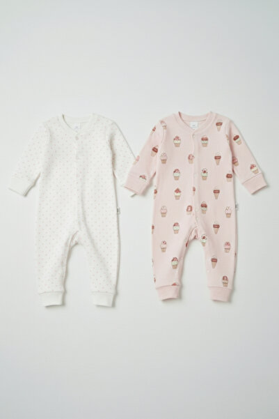 LOGO AKSESUAR Kız Bebek Puanlı ve Pembe Cupcake Baskılı 2'li %100 Pamuk Tulum...