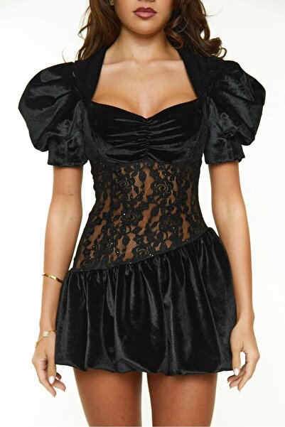 TAYT VEGAS Balloon Sleeves Velvet Dress