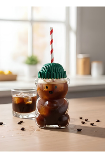 nextbuy 550 ml Barista Cam Bardak Soğuk İçecek Pipetli Bardağı Ted Bear Ayıcı...