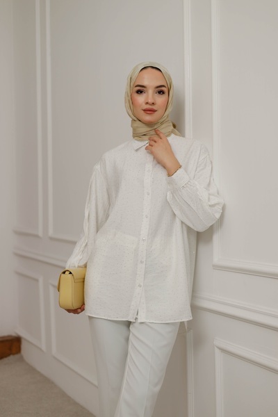 MOONSC Women's Waist Tie and Stone Detailed Hijab Shirt