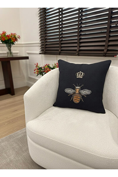 Brillant Kraliçe Arı İşleme Görünüm Dokuma Kumaş Kırlent Kılıfı 45x45