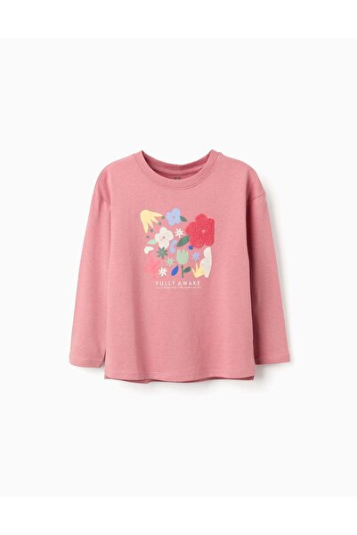 Ziddy Long sleeve cotton T-shirt with 'Fully Awake' print for girls, pink