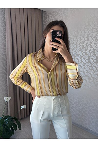 Sateen Çizgili sarı gömlek