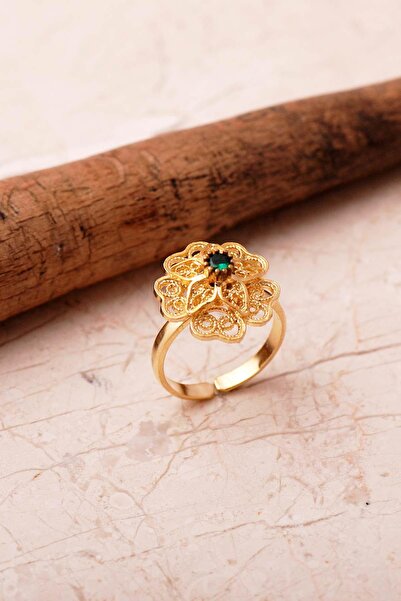 Sümer Telkari Taşlı Telkari Elişi Altın Kaplama 925 Ayar Gümüş Çiçek Yüzük 6000