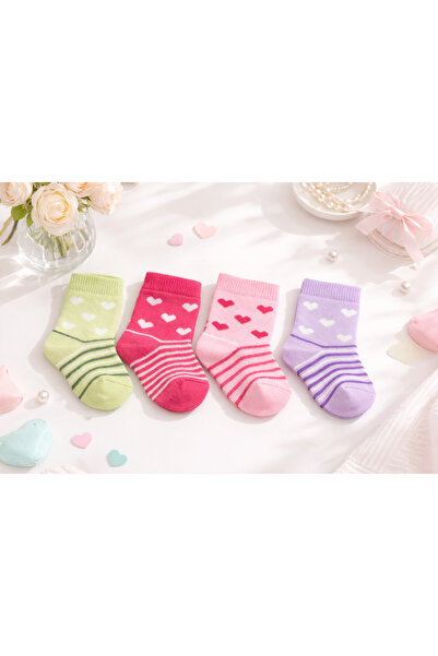 Black Arden Socks Kız Çocuk Pembe Kalp Desenli Soket Çorap 4'li Pamuklu Rahat...