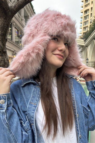 Mollycrush Pink Plush Fur Young Pilot Hat |   Trendy Winter Ushanka with Soft Fur Ears