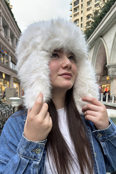 Mollycrush Căciulă de pilot albă din blană de pluș - Ushanka cu urechi din bl...