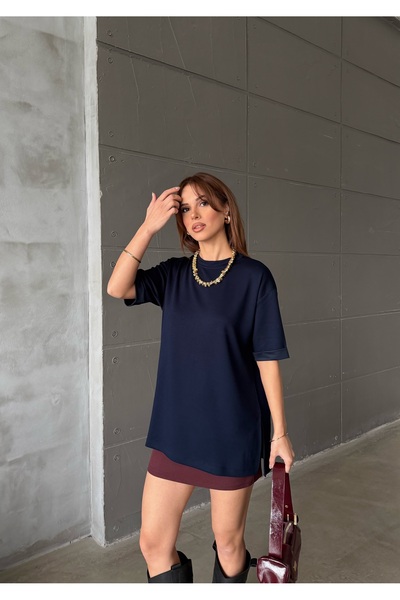 MODAMERSİ Women's Navy Blue Oversize Crew Neck T-Shirt